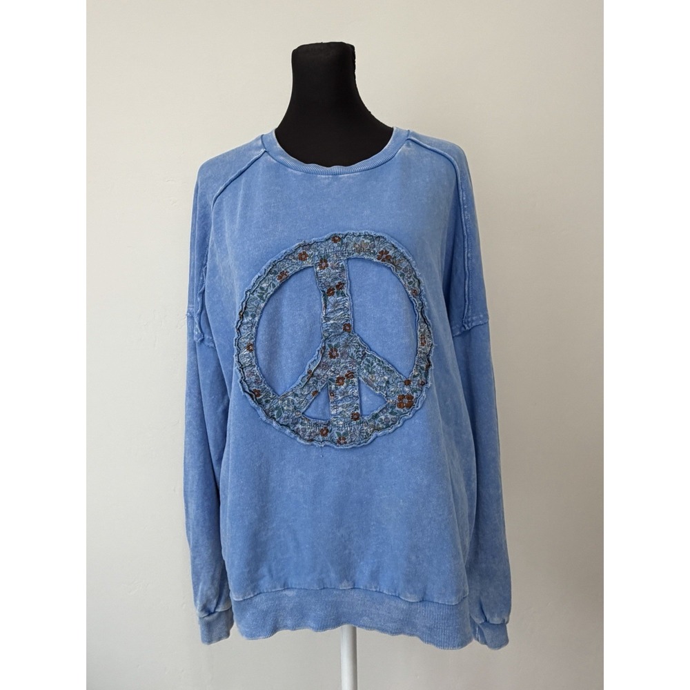 Easel Peace Sign Mineral Wash Light Sweatshirt M Peri Blue Boho Hippie Cotton